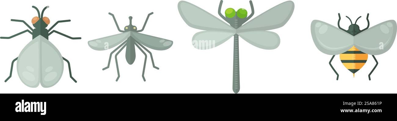 Quattro silhouette di insetti con ali e forme del corpo distinte, in formato vettoriale, isolate sul bianco. Un'illustrazione vettoriale delle sagome di un insetto Illustrazione Vettoriale