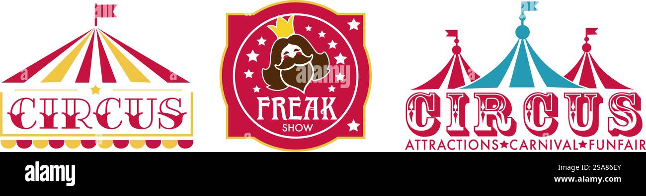 Due tende classiche da circo in stile vintage vettoriale, ideali per promozioni a tema o progetti creativi. Classic Circus Tents Vector Art Illustrazione Vettoriale