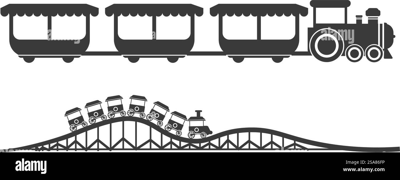 Illustrazione stilizzata di treni e ponti d'epoca, isolata su bianco. Vintage Train silhouette Vector Art Illustrazione Vettoriale
