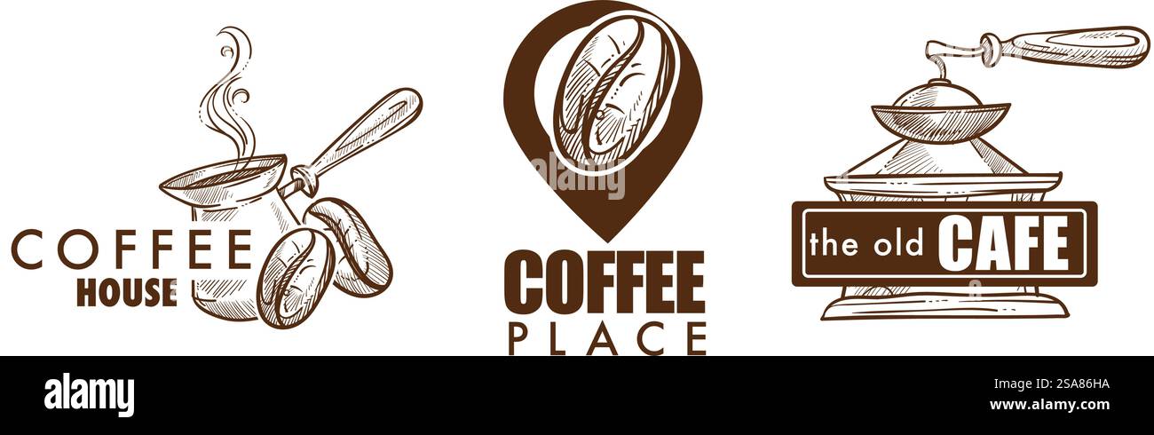 Una collezione di eleganti loghi caffè, illustrazioni vettoriali, ideali per caffetterie e marchi di lusso, caratterizzati da un'estetica moderna e un design pulito, isolati su uno sfondo bianco. Elegant Coffee Logo Collection Vector Illustrazione Vettoriale