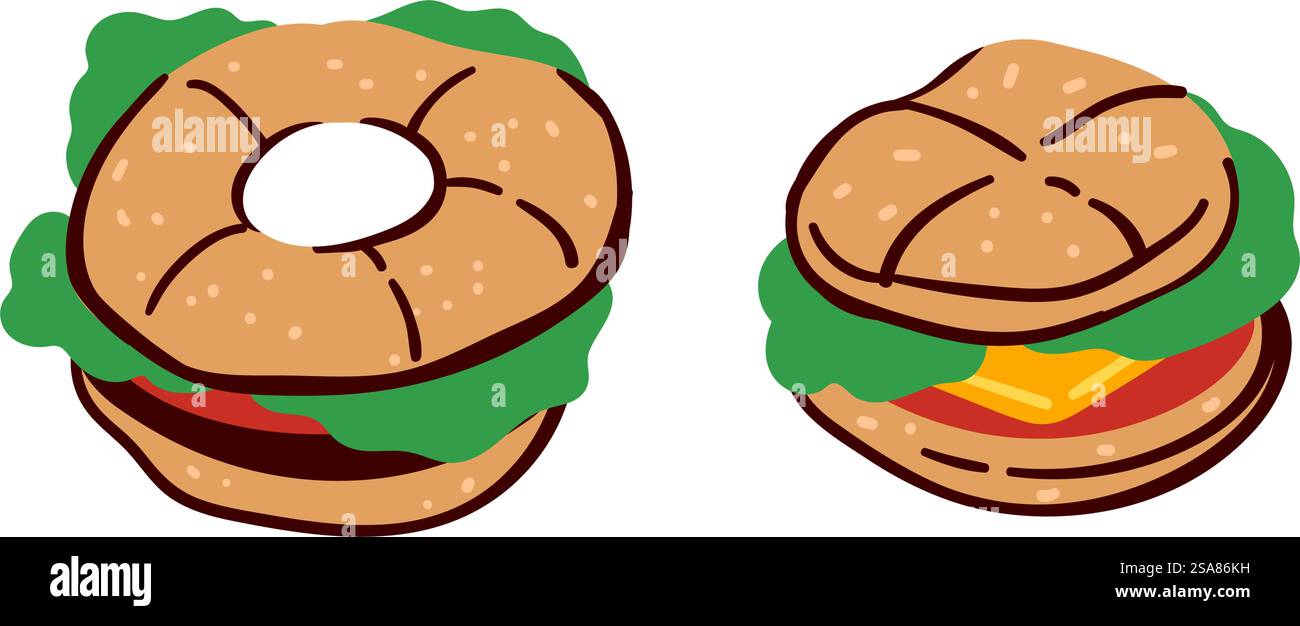 Set vettoriale di stravaganti panini di bagel, isolati su bianco, divertenti per blog di cibo e siti culinari. Stravaganti panini al sacco Vector Art Illustrazione Vettoriale