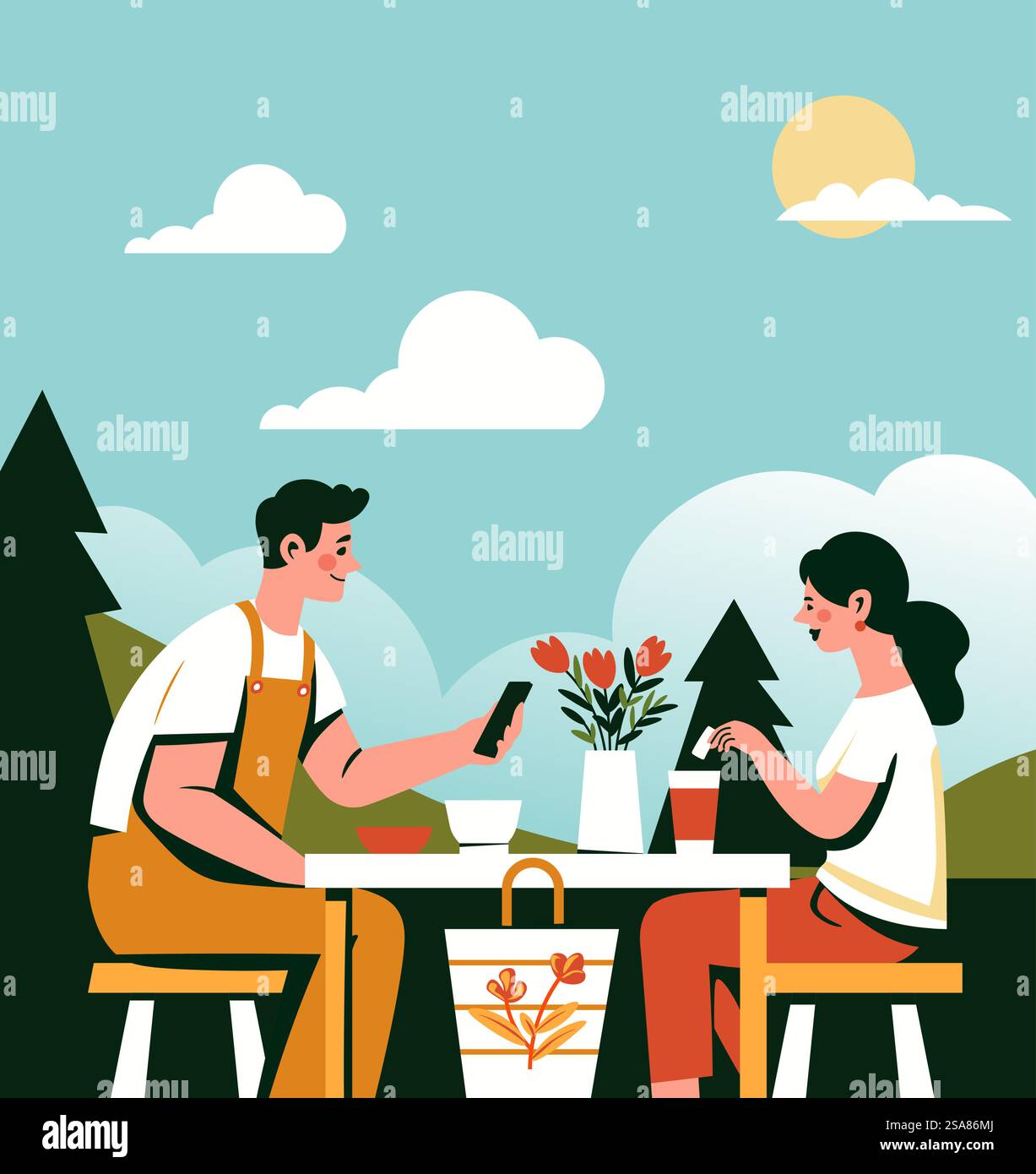Immagine vettoriale di una coppia che si sta godendo un picnic in un ambiente tranquillo, isolato sul bianco. Accogliente vettore di illustrazione per picnic nella foresta Illustrazione Vettoriale