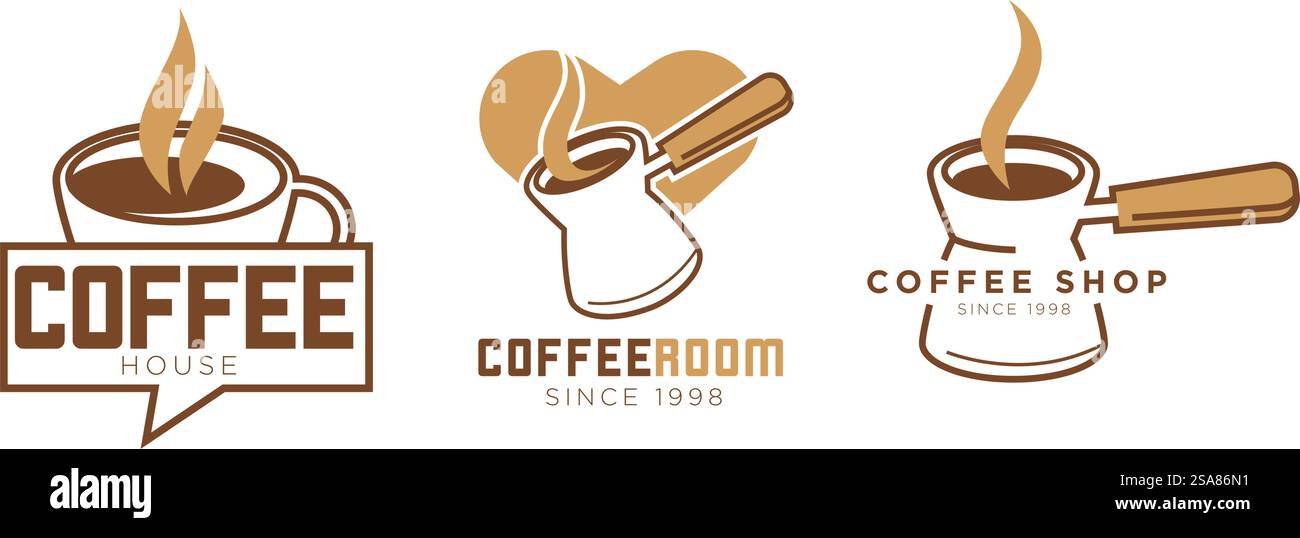 Una collezione di eleganti loghi caffè, illustrazioni vettoriali, ideali per caffetterie e marchi di lusso, caratterizzati da un'estetica moderna e un design pulito, isolati su uno sfondo bianco. Elegant Coffee Logo Collection Vector Illustrazione Vettoriale