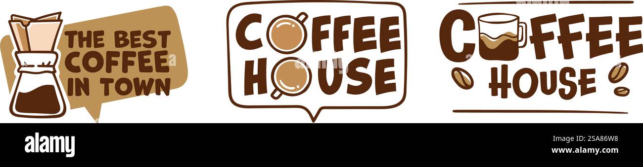 Una collezione di eleganti loghi caffè, illustrazioni vettoriali, ideali per caffetterie e marchi di lusso, caratterizzati da un'estetica moderna e un design pulito, isolati su uno sfondo bianco. Elegant Coffee Logo Collection Vector Illustrazione Vettoriale