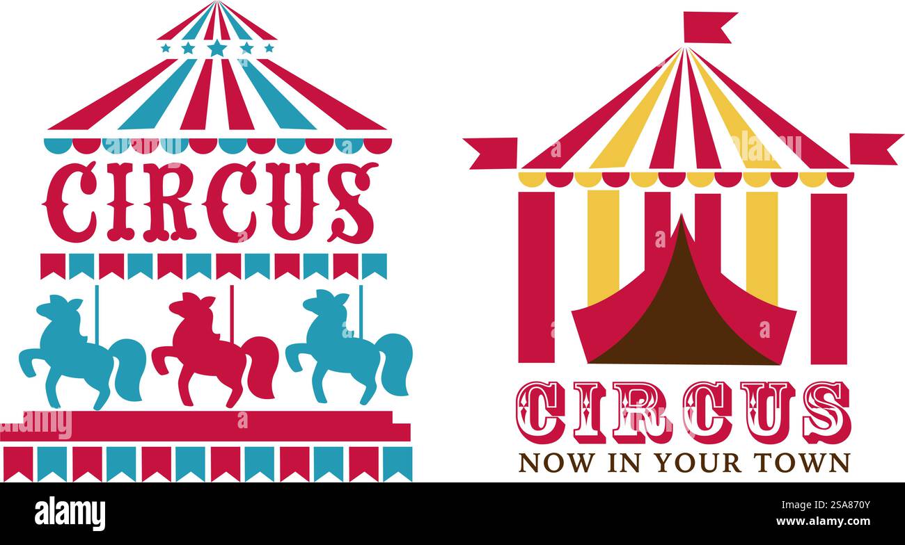 Due tende classiche da circo in stile vintage vettoriale, ideali per promozioni a tema o progetti creativi. Classic Circus Tents Vector Art Illustrazione Vettoriale