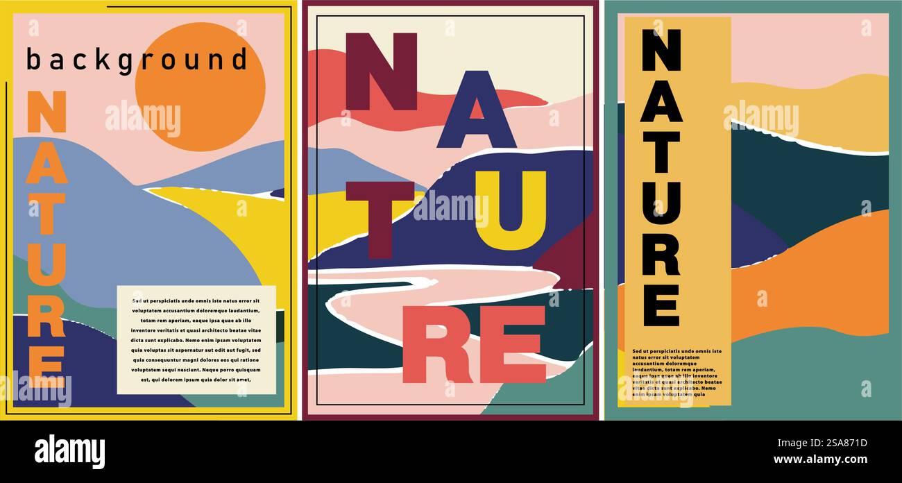 Una serie di poster vettoriali ispirati alla natura, con paesaggi astratti con sovrapposizioni di testo stilizzate, ideali per uso didattico o decorativo. Set di poster vettoriali ispirati alla natura Illustrazione Vettoriale