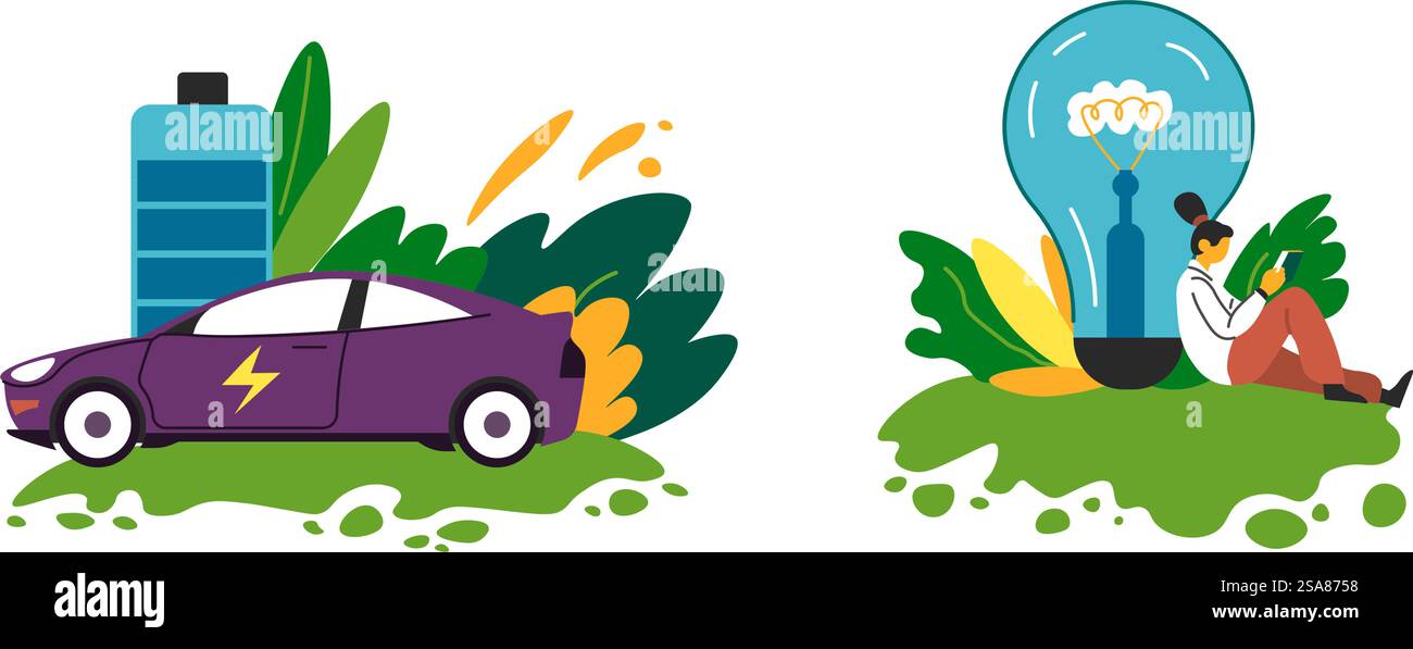 Illustrazione vettoriale che mostra varie fonti di energia ecocompatibili come pannelli solari e turbine eoliche, adatte per temi ambientali. Fonti di energia ecocompatibili illustrate Illustrazione Vettoriale