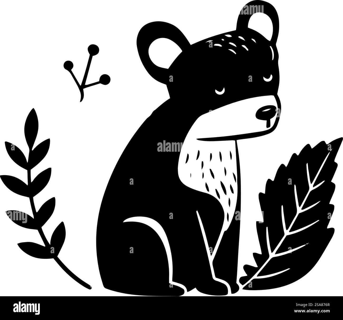 Design a orso ispirato all'arte popolare con foglie, illustrazione vettoriale isolata su sfondo bianco. Folk Art Bear e Leaf Design Illustrazione Vettoriale