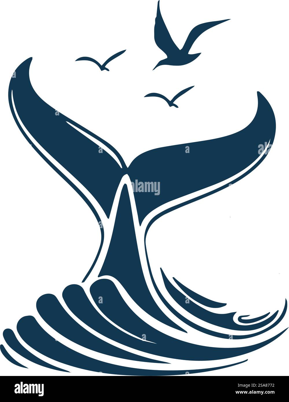 Un'illustrazione vettoriale minimalista di una coda di balena che emerge dalle onde dell'oceano, resa in uno stile pulito e moderno, isolata su sfondo bianco. Design vettoriale minimalista con coda di balena Illustrazione Vettoriale