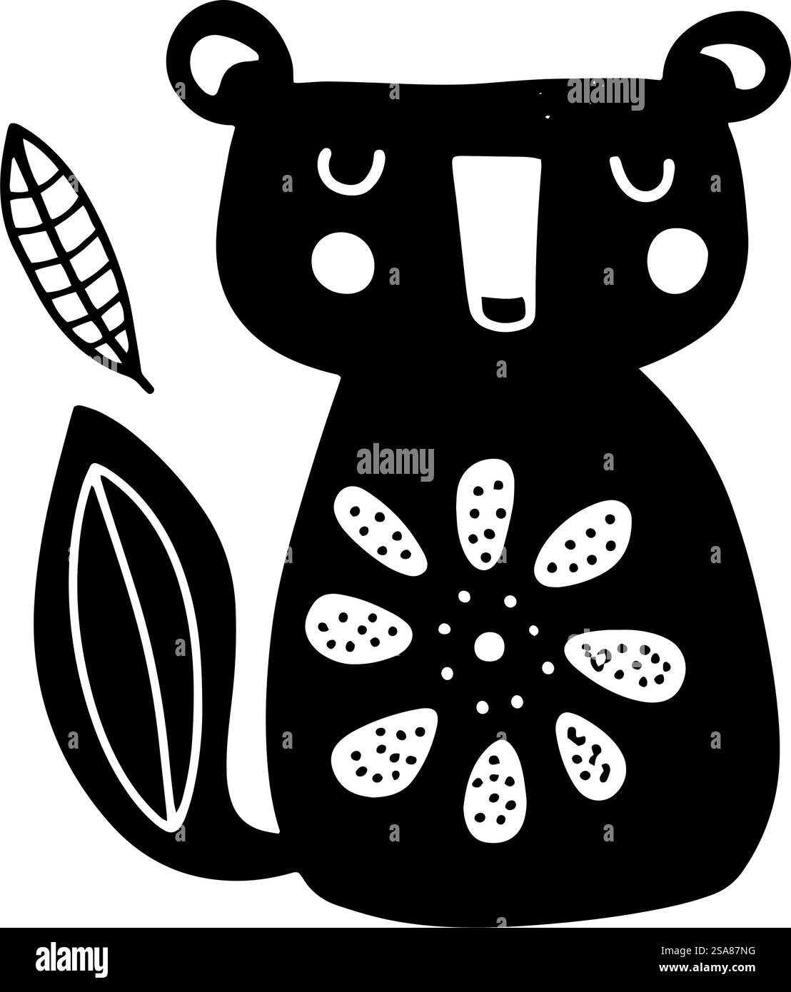 Design a orso ispirato all'arte popolare con foglie, illustrazione vettoriale isolata su sfondo bianco. Folk Art Bear e Leaf Design Illustrazione Vettoriale