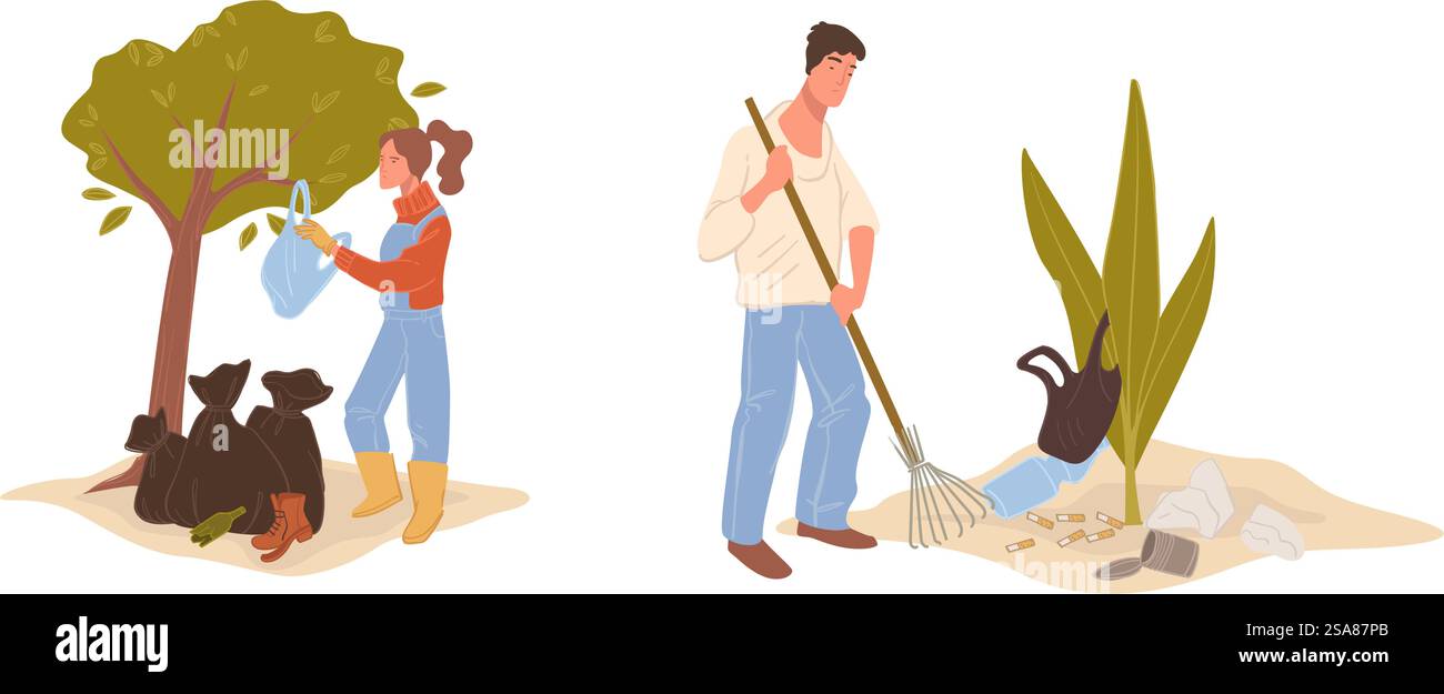 Volontari in azioni di conservazione ambientale, illustrazione vettoriale isolata su bianco. Volontariato per la conservazione dell'ambiente Illustrazione Vettoriale