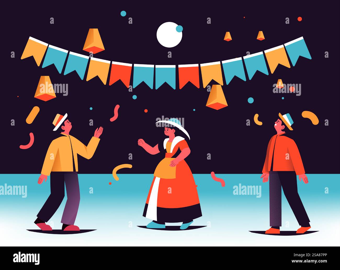 Una festa notturna con figure che ballano sotto i pennant, l'arte vettoriale cattura l'essenza delle feste. Ballo notturno celebrativo sotto i Pennant Illustrazione Vettoriale