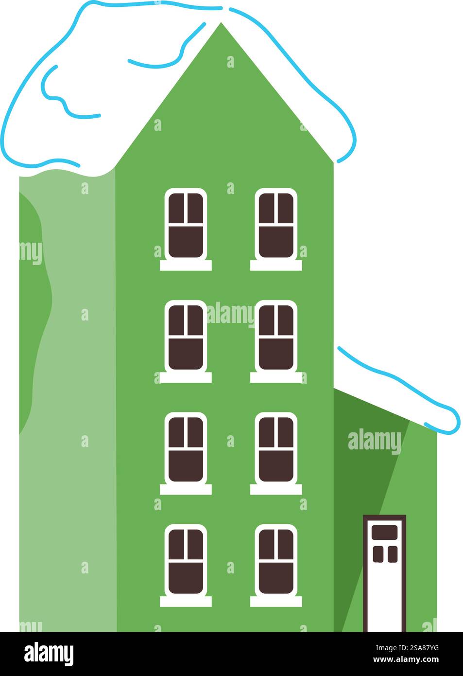 Illustrazione vettoriale di una casa verde con neve, design piatto, isolata su sfondo bianco, perfetta per temi invernali e festivi. Casa verde con vettore di neve Illustrazione Vettoriale