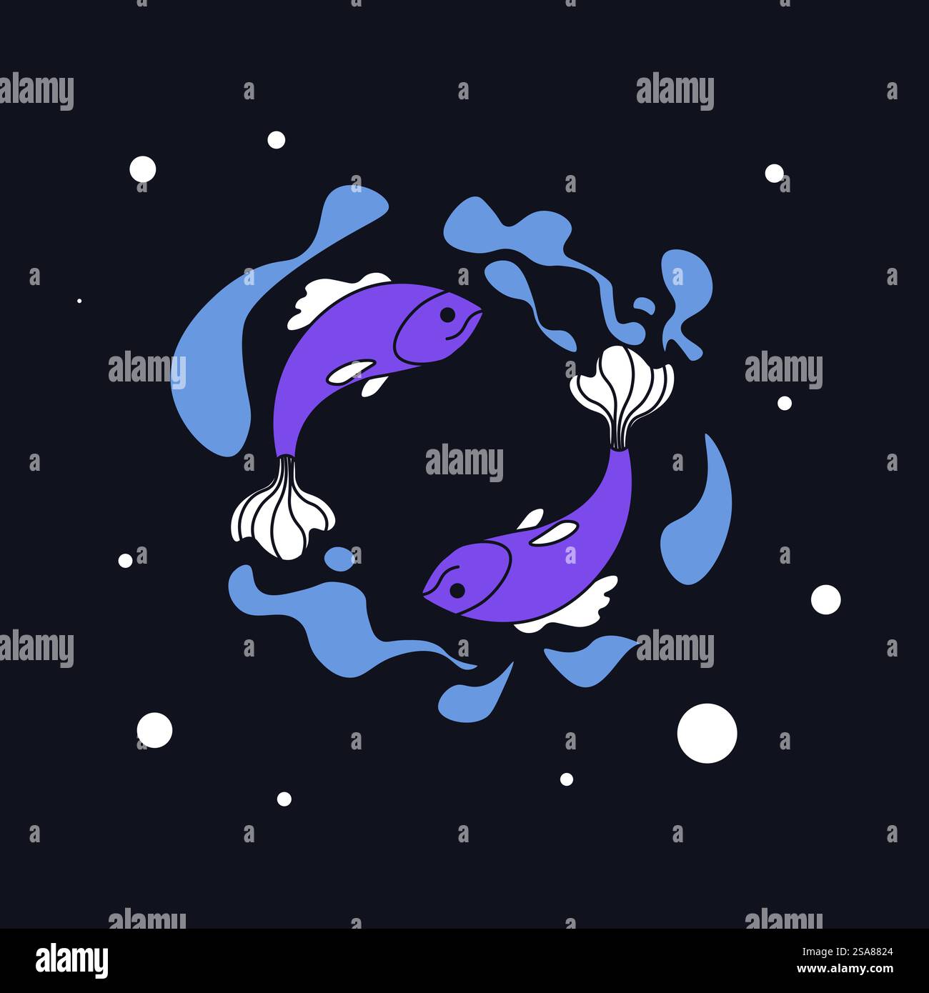 Segno zodiacale dei pesci in un moderno stile di illustrazione vettoriale. Isolato su uno sfondo scuro.. Illustrazione del vettore di segno zodiacale Pisces Illustrazione Vettoriale