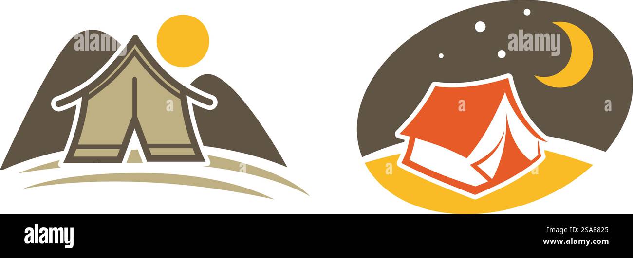 Questa collezione di loghi vettoriali presenta scene da campeggio sotto cieli stellati, progettate in uno stile semplice e pulito, ideali per il branding di campeggi o la promozione di eventi. Vettoriale con logo per il campeggio notturno Illustrazione Vettoriale