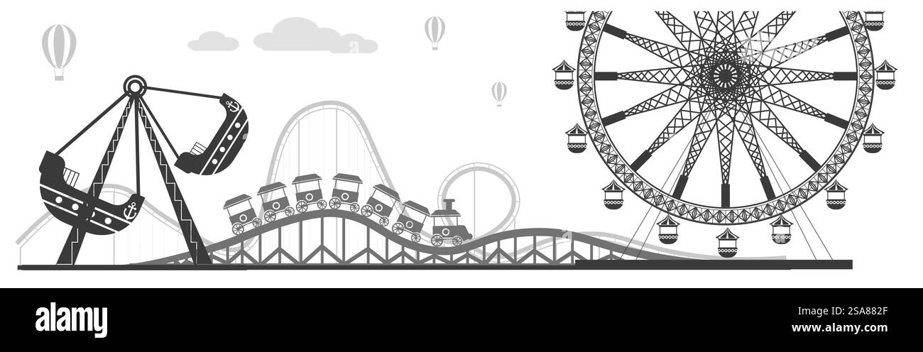 Un'illustrazione vettoriale delineata di un parco di divertimenti con attrazioni dettagliate nell'atmosfera serale, tra cui una grande ruota panoramica e montagne russe con un cielo crepuscolo. Profilo del parco divertimenti - atmosfera serale Illustrazione Vettoriale