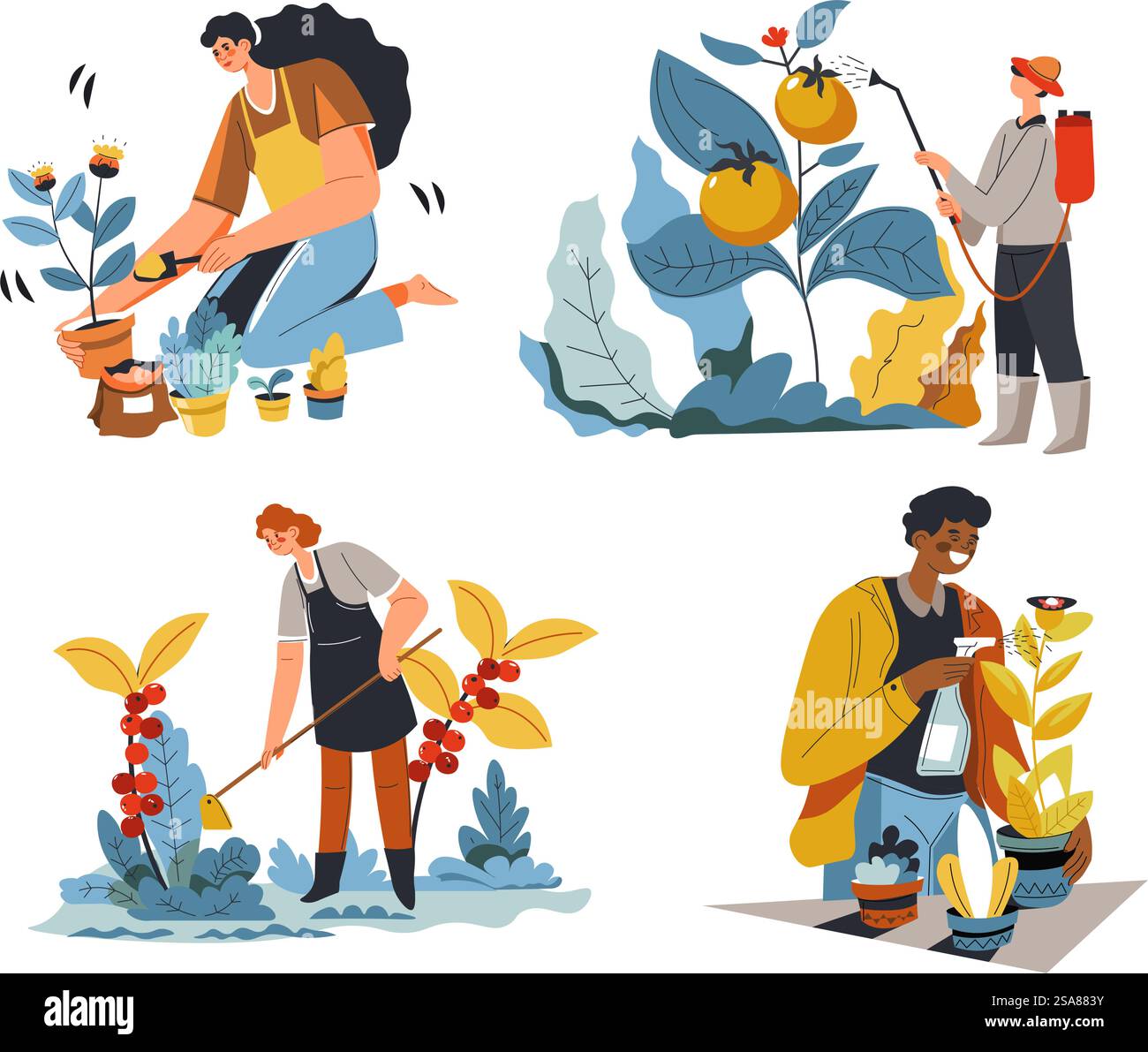 Illustrazione di persone impegnate in varie attività di giardinaggio. Questa illustrazione vettoriale presenta uno stile colorato e dinamico, isolato su uno sfondo bianco. Perfetto per giardinaggio e attività all'aperto. Persone che amano l'illustrazione vettoriale di giardinaggio Illustrazione Vettoriale