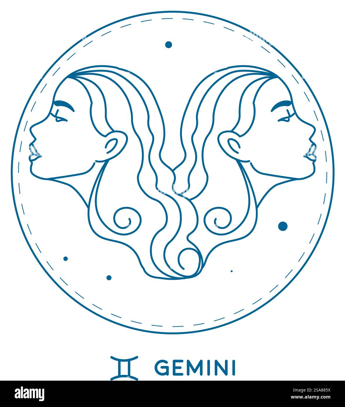 Segno zodiacale Gemini con simbolo a due teste in cerchio, stile minimalista, isolato su sfondo bianco. Illustrazione vettoriale. Vettore di illustrazione del segno zodiacale Gemini Illustrazione Vettoriale