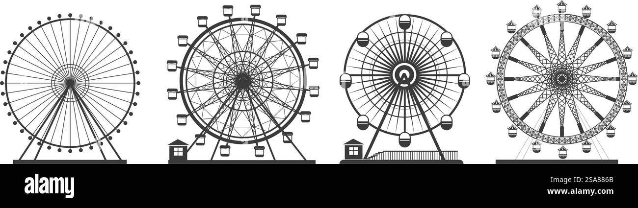 Ruota panoramica dettagliata con silhouette isolata su sfondo bianco. Illustrazione vettoriale adatta per i temi del parco divertimenti. Sagoma della ruota panoramica Vector Art Illustrazione Vettoriale