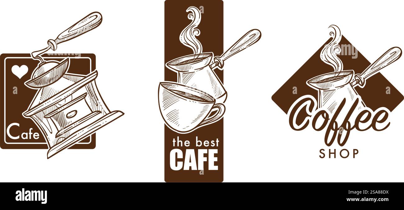 Una collezione di eleganti loghi caffè, illustrazioni vettoriali, ideali per caffetterie e marchi di lusso, caratterizzati da un'estetica moderna e un design pulito, isolati su uno sfondo bianco. Elegant Coffee Logo Collection Vector Illustrazione Vettoriale