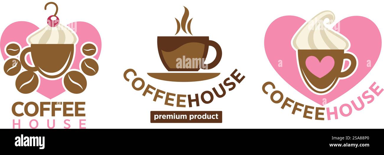 Una collezione di eleganti loghi caffè, illustrazioni vettoriali, ideali per caffetterie e marchi di lusso, caratterizzati da un'estetica moderna e un design pulito, isolati su uno sfondo bianco. Elegant Coffee Logo Collection Vector Illustrazione Vettoriale