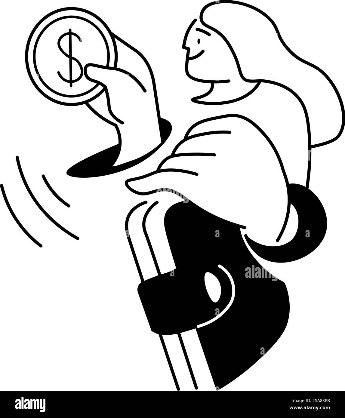 Illustrazione vettoriale di una mano che regge una moneta e una donna sullo sfondo, isolata su sfondo bianco. Illustrazione del vettore della moneta con impugnatura Illustrazione Vettoriale