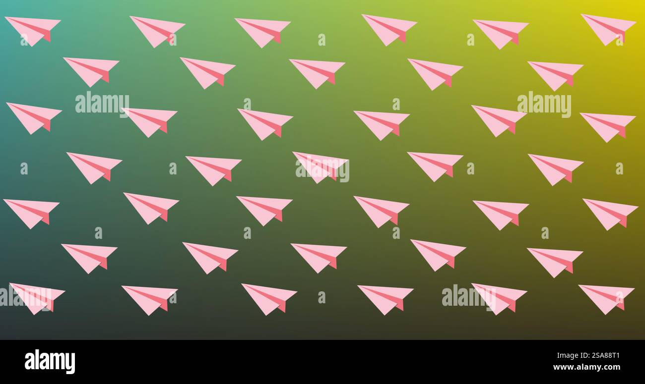 Immagine di piani di carta rosa ripetuti che si spostano su uno sfondo verde tenue a uno giallo Foto Stock
