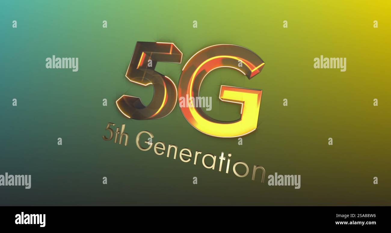 Immagine del testo dorato di 5g di quinta generazione su sfondo verde tenue e giallo Foto Stock