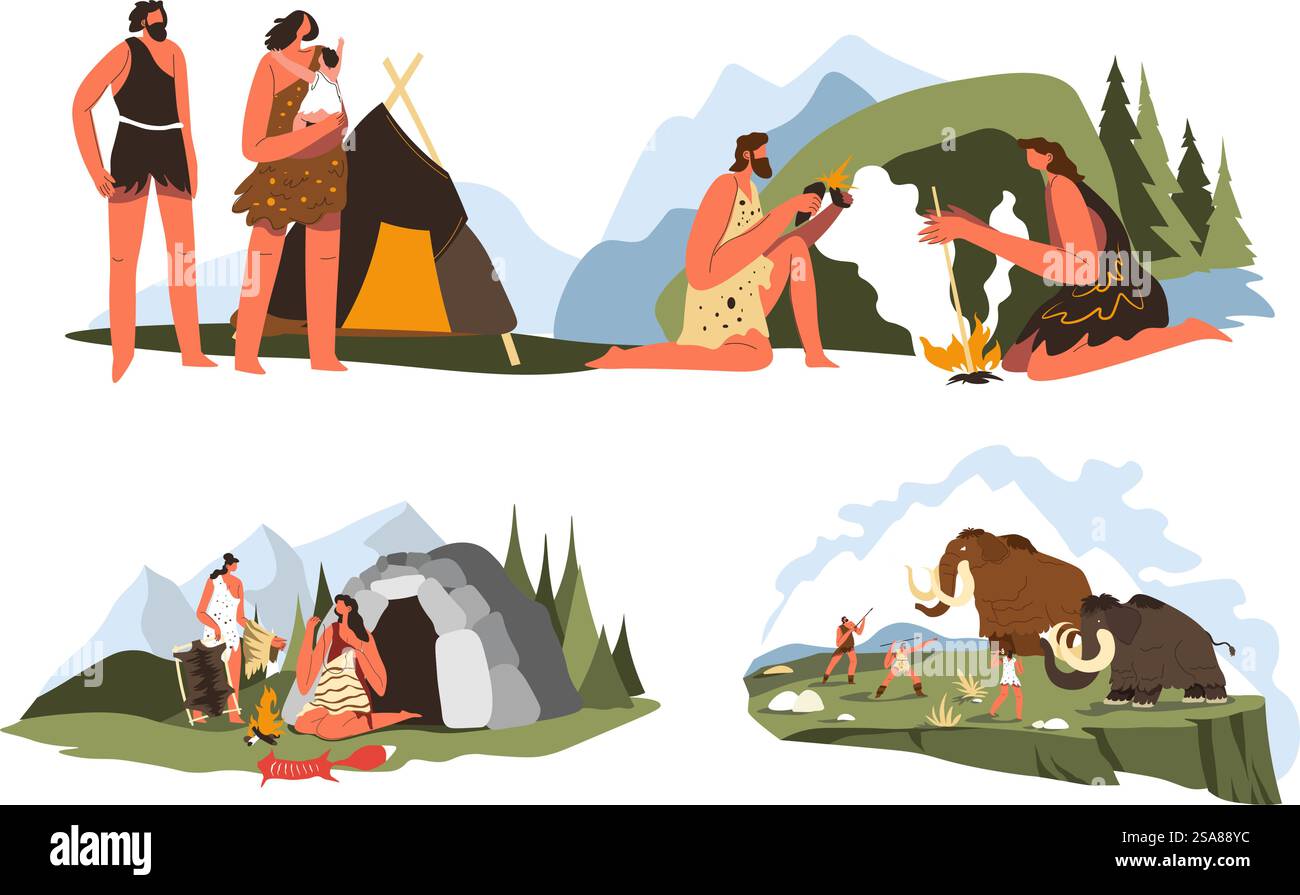 Illustrazione vettoriale dello stile di vita degli uomini delle caverne e della caccia, che mostra le abilità di vita e sopravvivenza primitive, isolate su uno sfondo bianco. Ideale per progetti educativi e storici. Cavemen Lifestyle e caccia vettoriale Illustrazione Vettoriale