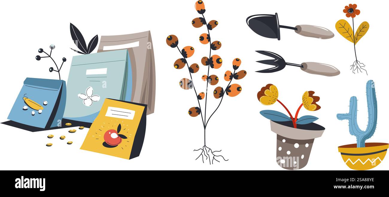 Illustrazione delle forniture e delle piante per il giardinaggio, compresi attrezzi e pacchetti di sementi. Questa illustrazione vettoriale presenta uno stile divertente e colorato, isolato su uno sfondo bianco. Ideale per giardinaggio e progetti naturalistici. Forniture per il giardinaggio e vettore di piante Illustrazione Vettoriale