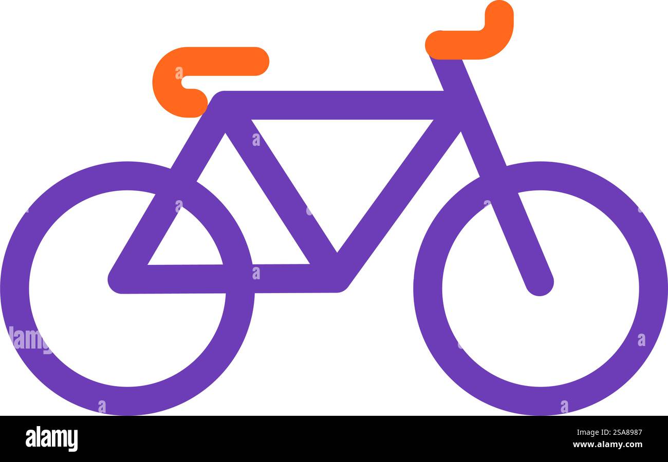 Design minimalista di un'icona di bicicletta in viola e arancione, formato vettoriale, adatto per il ciclismo urbano e le applicazioni lifestyle. Design minimalista delle icone della bicicletta Illustrazione Vettoriale
