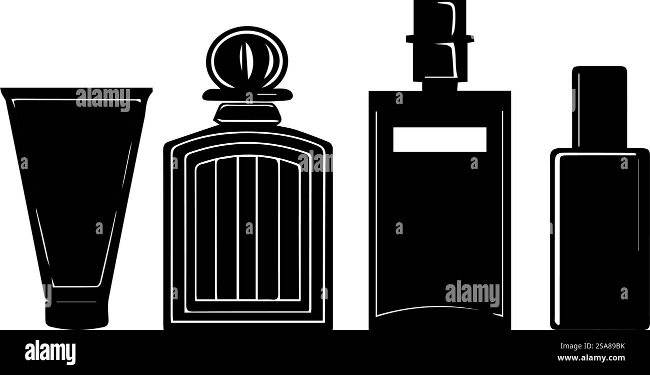 Silhouette in bianco e nero di eleganti bottiglie di profumo in stile moderno, isolate su sfondo bianco. Illustrazione vettoriale adatta per design di moda e bellezza. Eleganti silhouette dei flaconi di profumo Illustrazione Vettoriale