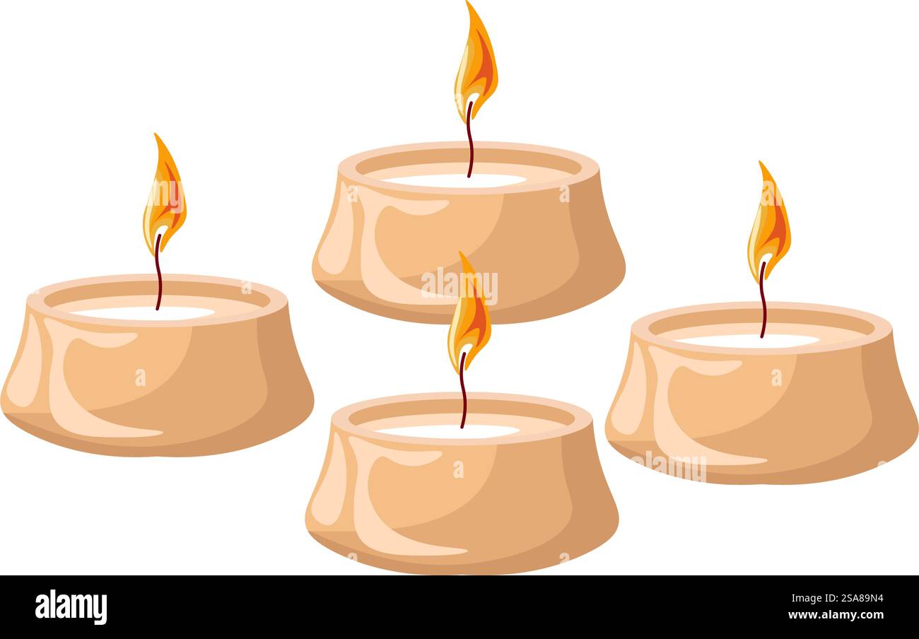 Illustrazione di tre lampade a olio decorative in uno stile vivace e festoso, isolate su uno sfondo bianco. Questa illustrazione vettoriale è perfetta per le decorazioni Diwali e le promozioni di festival. Trio di lampade ad olio Diwali Illustrazione Vettoriale