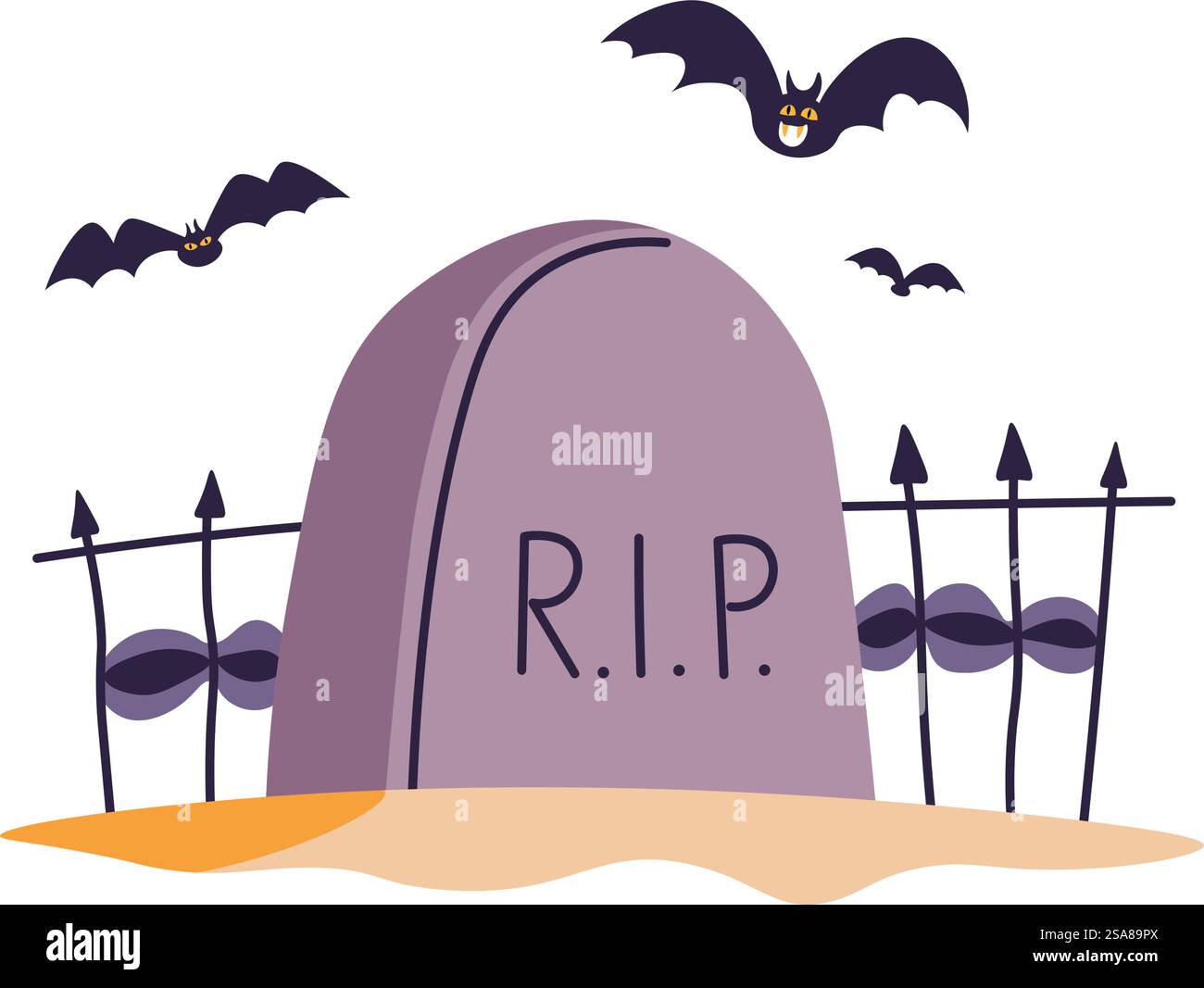 Illustrazione di una lapide con pipistrelli che volano intorno in uno stile cartoni animati piatto, isolato su uno sfondo bianco. L'illustrazione vettoriale è ideale per le decorazioni di Halloween, le scene spaventose e i temi horror. Lapide con scena di Halloween pipistrelli Illustrazione Vettoriale