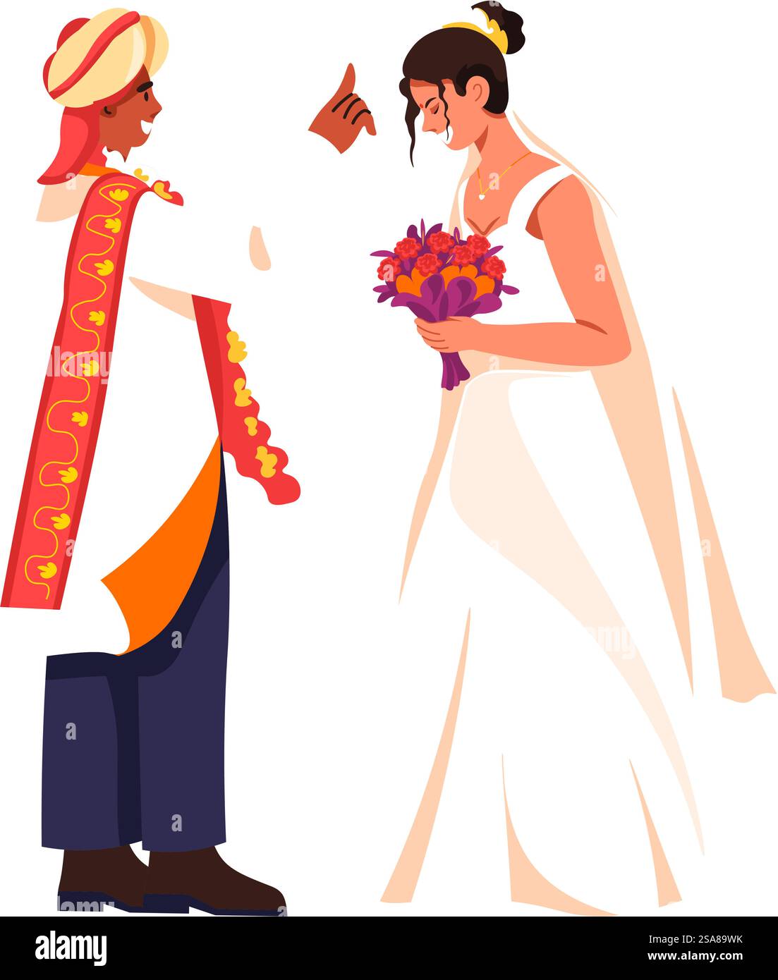 Illustrazione vettoriale di uno sposo indiano e della sposa in un abbigliamento tradizionale, isolato su sfondo bianco. Perfetto per inviti di nozze e progetti culturali. Indian Groom and Bride Illustration Illustrazione Vettoriale