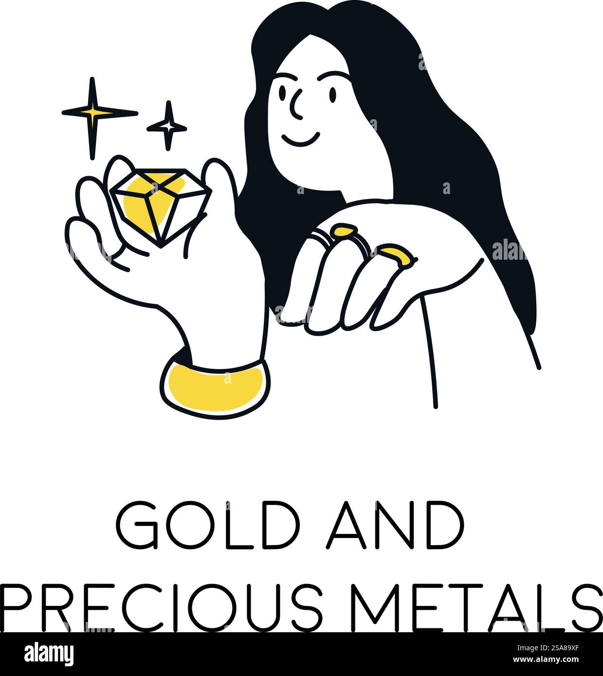 Donna che tiene in mano oro e gioielli che rappresentano l'investimento in metalli preziosi, illustrazione vettoriale, isolata su sfondo bianco. Donna che tiene in mano oro e gioielli Illustrazione Vettoriale
