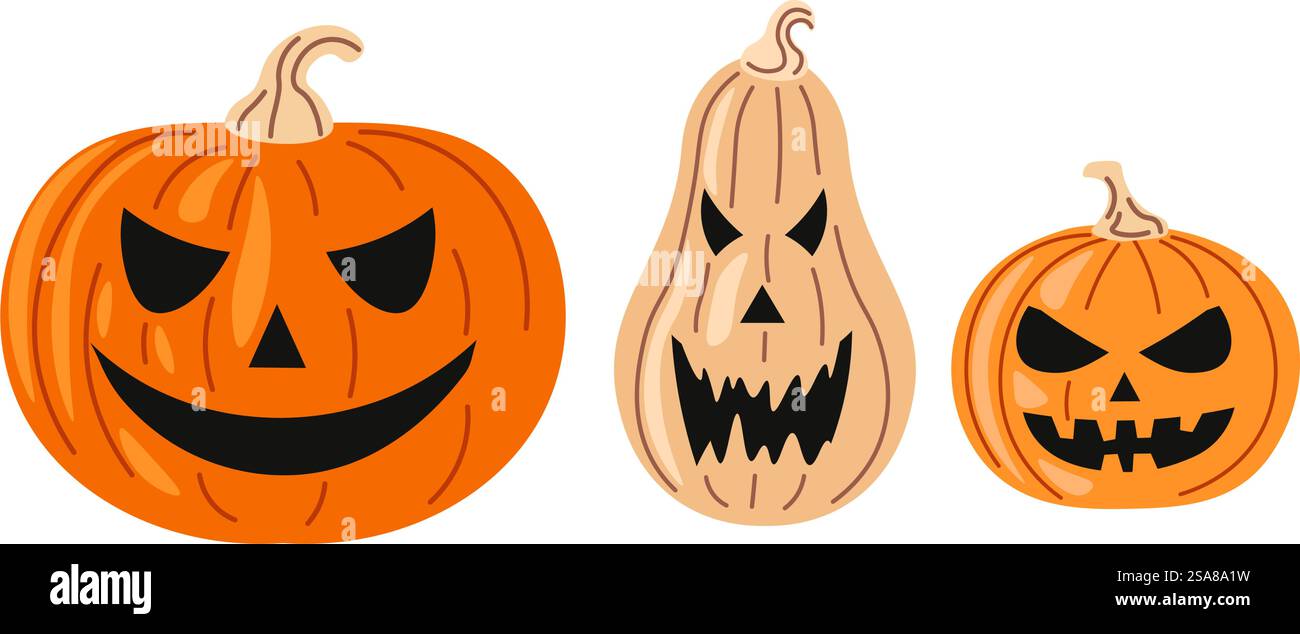 Illustrazione di tre zucche con diversi volti intagliati per Halloween. Illustrazione vettoriale di stile piatto.. Tre zucche di Halloween vettore illustrativo Illustrazione Vettoriale
