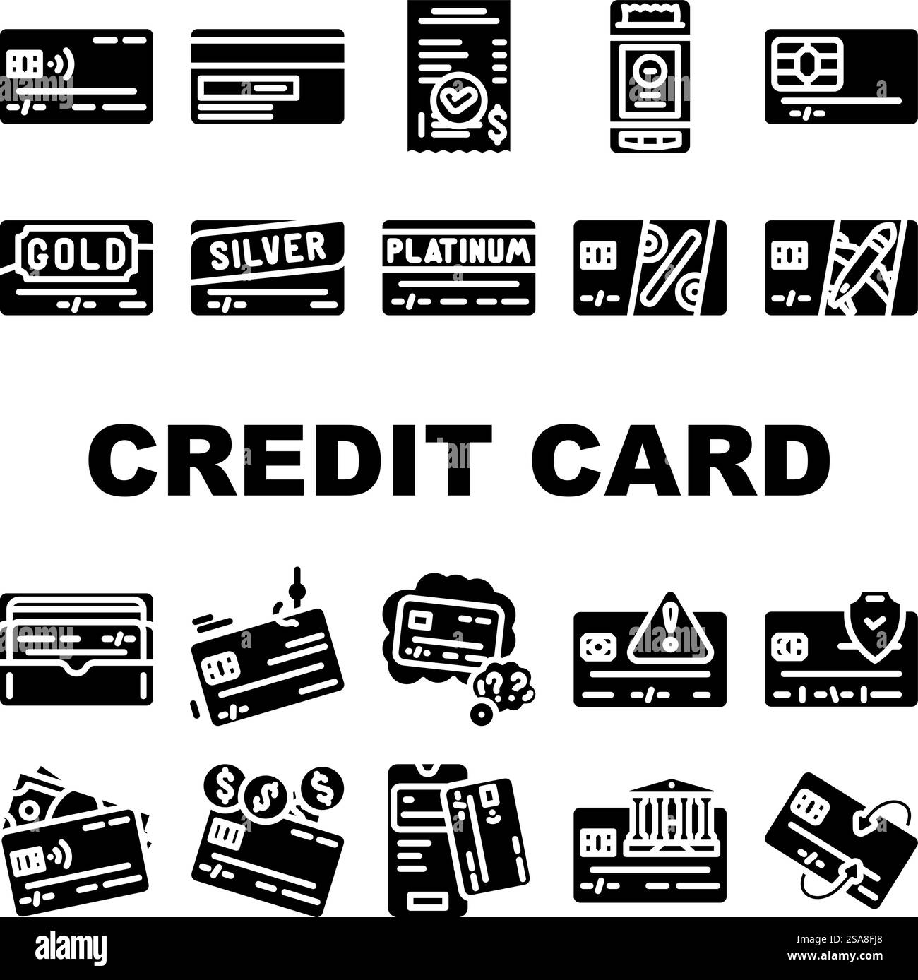 icone di pagamento con carta di credito imposta vettore. denaro aziendale, acquisto finanziario, debito bancario, pagamento commerciale, plastica, acquisto con carta di credito pagamento bancario glifi illustrazioni pittogramma. icone di pagamento con carta di credito imposta vettore Illustrazione Vettoriale