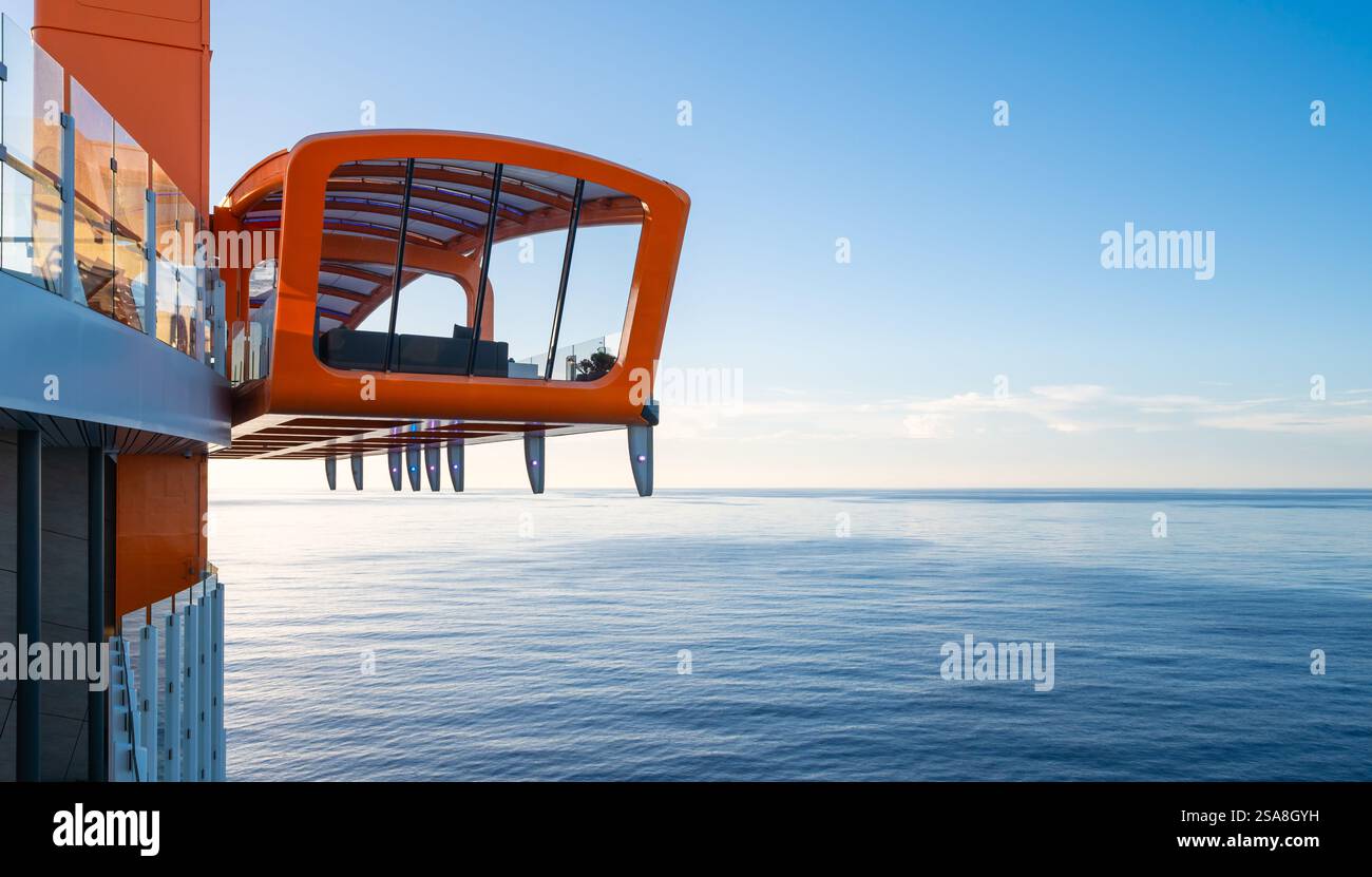 Grand Cayman, Isole Cayman - 22 novembre 2024: Nave da crociera Celebrity Ascent Magic Carpet, piattaforma galleggiante arancione sopra il Mar dei Caraibi. Foto Stock