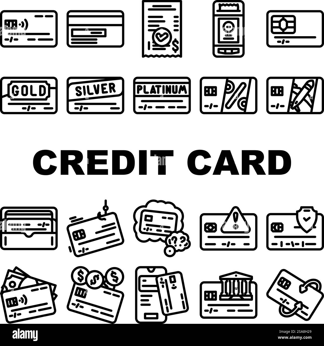icone di pagamento con carta di credito imposta vettore. denaro aziendale, acquisto finanziario, debito bancario, pagamento commerciale, plastica, acquisto con carta di credito pagamento bancario illustrazioni contorno nero. icone di pagamento con carta di credito imposta vettore Illustrazione Vettoriale