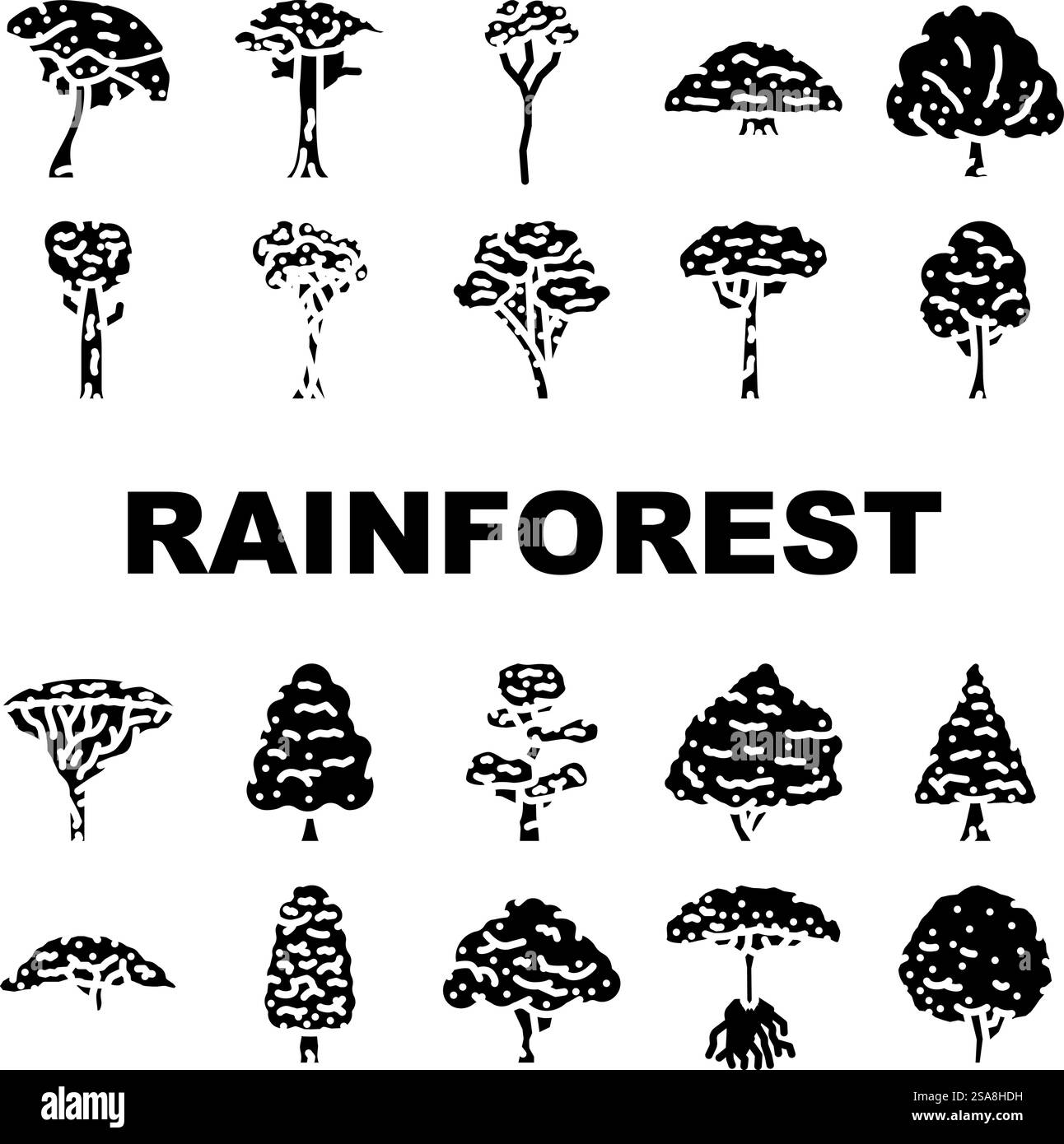 le icone verdi della foresta pluviale impostano il vettore. natura naturale, vegetazione tropicale, vegetazione di fondo della giungla, foglia, ramificazione, ambiente foresta pluviale foresta alberata illustrazioni pittogramma glifo verde. le icone verdi della foresta pluviale impostano il vettore Illustrazione Vettoriale