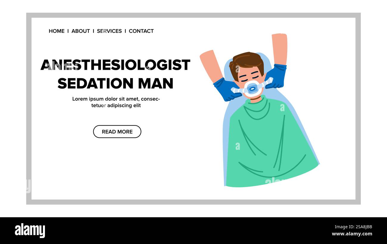 maschera anestesista sedazione vettore uomo. paziente adulto, sanità sanitaria, attrezzature maschera maschio anestesista sedazione uomo web flat cartone animato illustrazione. maschera anestesista sedazione vettore uomo Illustrazione Vettoriale