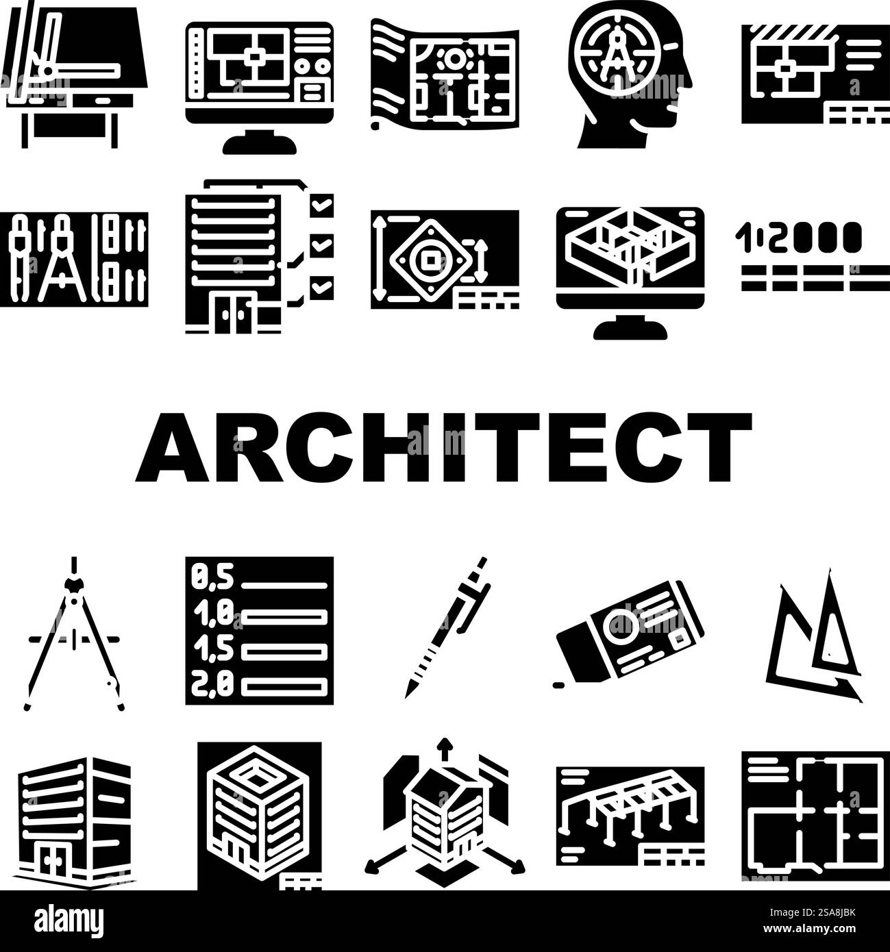 le icone di disegno del disegnatore architettonico impostano il vettore. Ingegnere edile, architettura progettuale architetto edile progetto progetto disegnatore architettonico disegno pittogramma glifo illustrazioni. le icone di disegno del disegnatore architettonico impostano il vettore Illustrazione Vettoriale