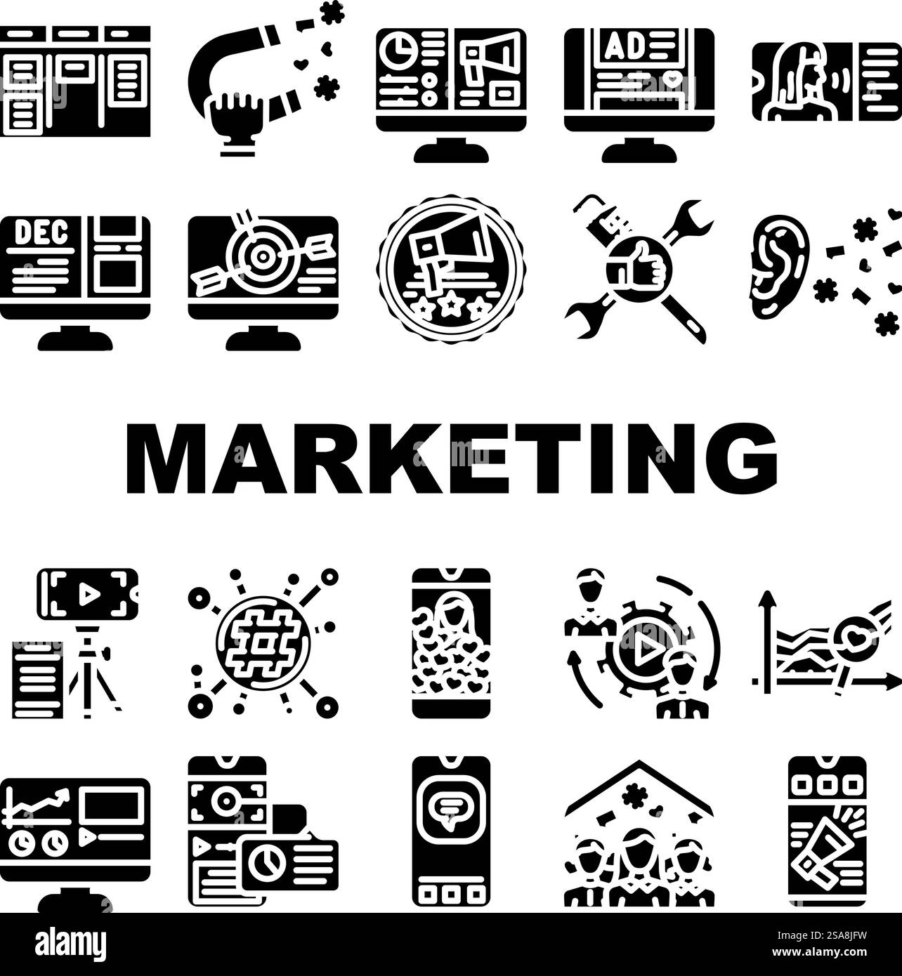 le icone internet di social media marketing impostano il vettore. Rete di comunicazione, business digitale, tecnologia web, chat, telefono, computer mobile social media marketing Internet glifi illustrazioni pittogrammi. le icone internet di social media marketing impostano il vettore Illustrazione Vettoriale