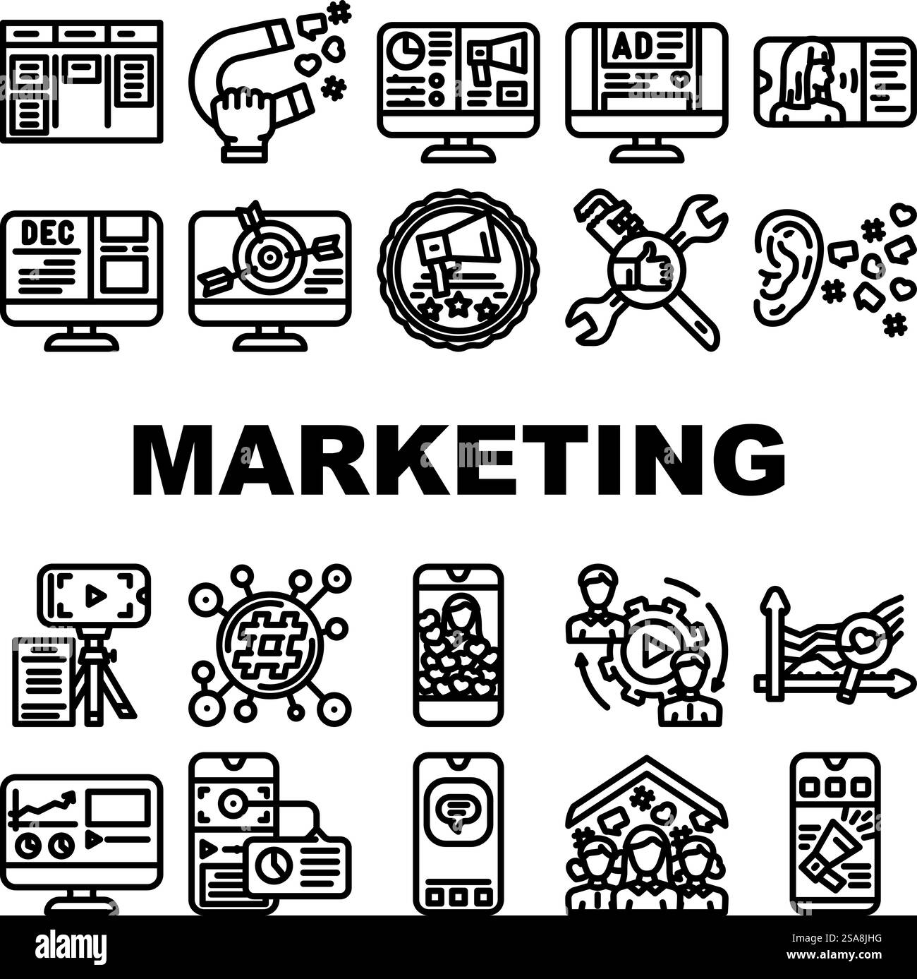 le icone internet di social media marketing impostano il vettore. rete di comunicazione, business digitale, tecnologia web, chat, telefono computer mobile social media marketing internet illustrazioni di contorno nero. le icone internet di social media marketing impostano il vettore Illustrazione Vettoriale