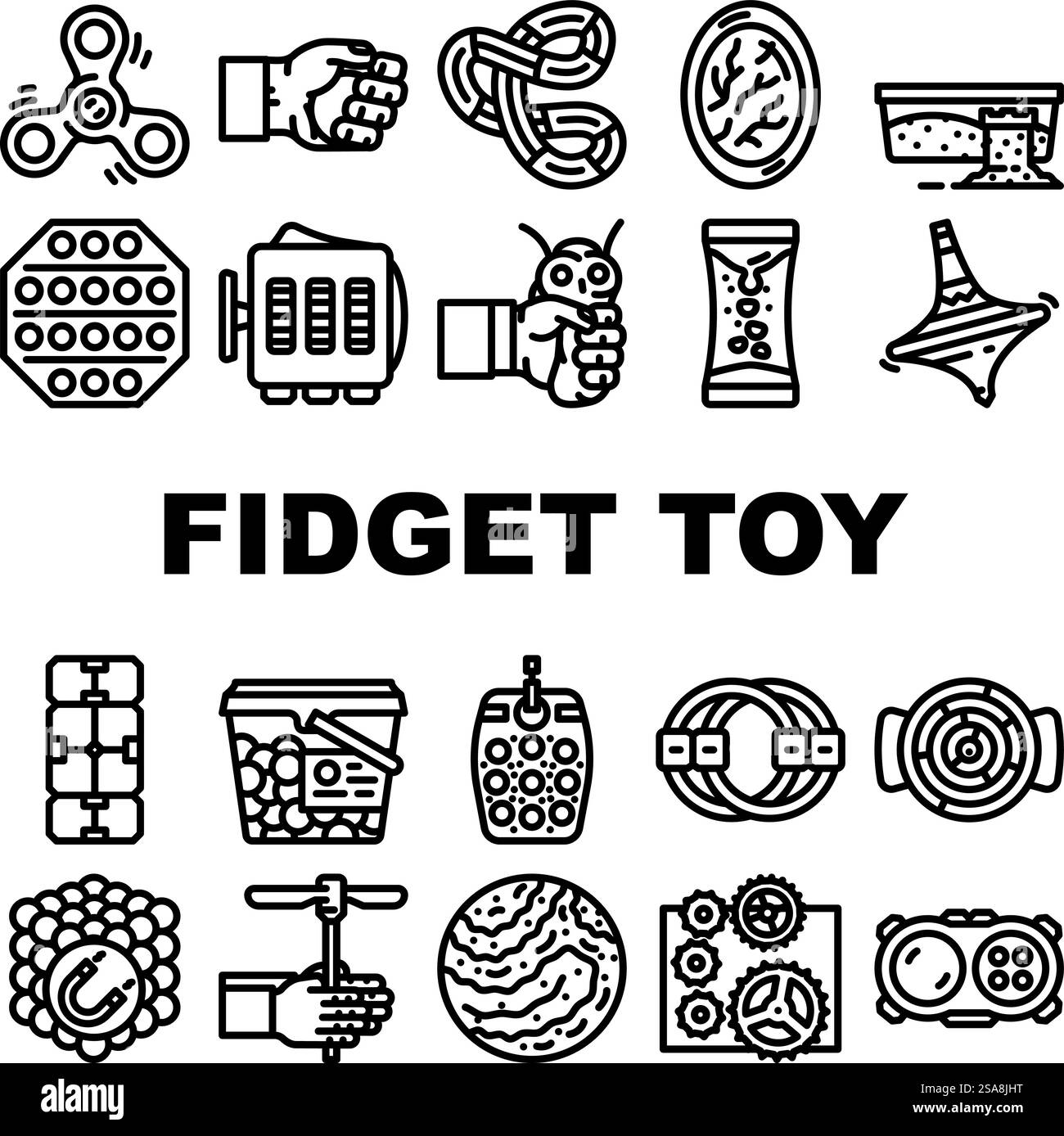 fidget giocattolo pop icone divertenti set vettoriale. bolla di silicone, stress per le mani, gioco per bambini, pressione delle dita, giocattolo segreto per bambini, divertenti illustrazioni di contorno nero. fidget giocattolo pop icone divertenti set vettoriale Illustrazione Vettoriale