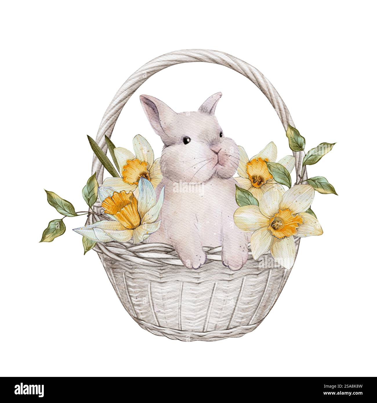 Un acquerello raffigurante un simpatico coniglietto seduto in un cesto di vimini pieno di narcisi gialli e foglie verdi, perfetto per le decorazioni a tema primaverile e pasquale. Foto Stock