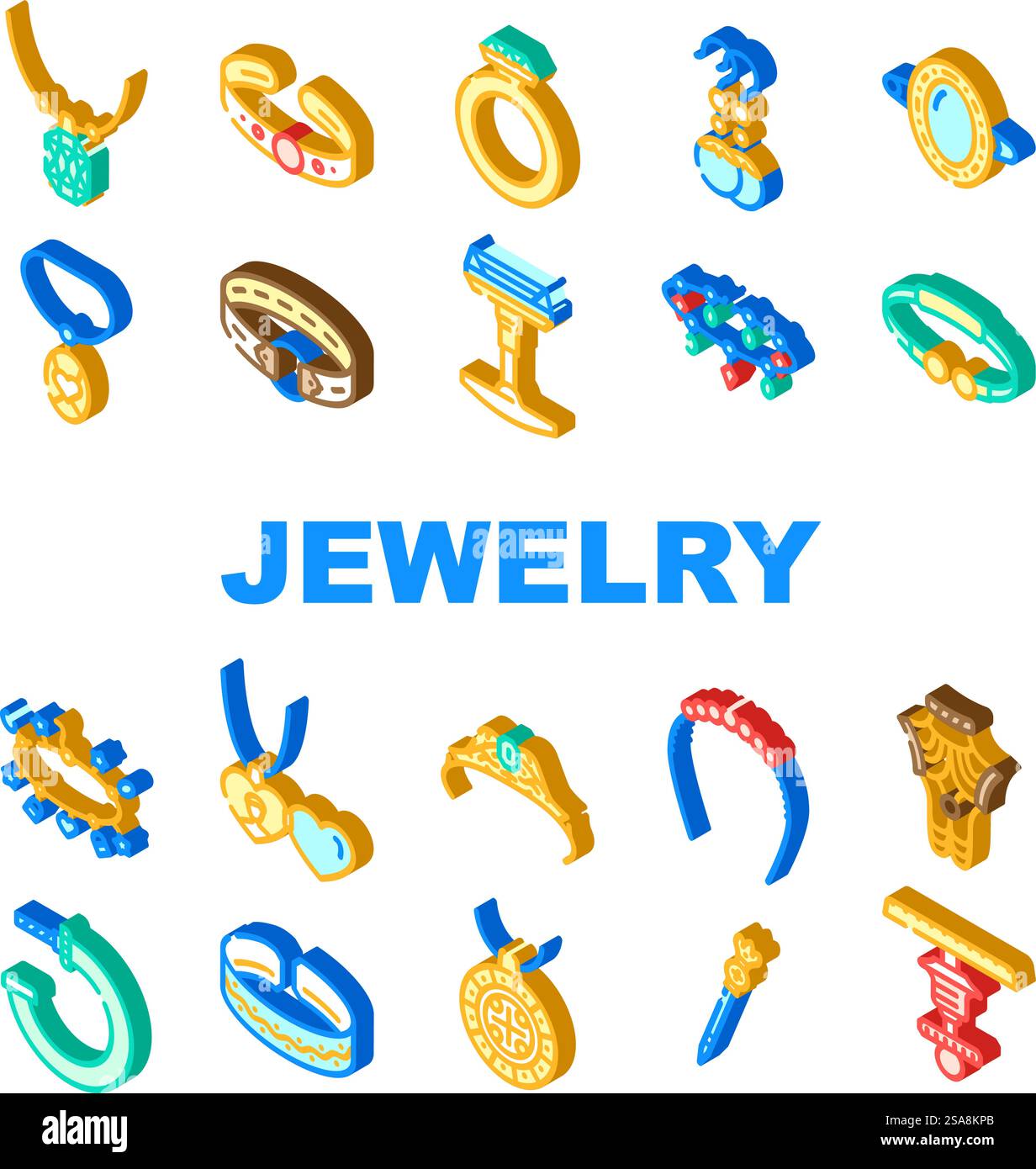 anello gioielli icone gioiello in oro set vettoriale. accessorio per gioielli, collana con diamante, bracciale in argento, regalo, anello di gioielli donna di lusso gioielli in oro, illustrazioni isometriche. anello gioielli icone gioiello in oro set vettoriale Illustrazione Vettoriale