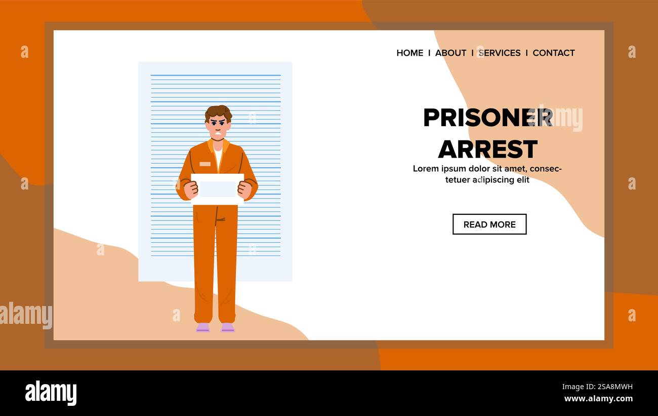 vettore di arresto dei prigionieri di prigione. uomo polizia, persona detenuta, ladro sbarra prigione prigioniero arresto web flat illustrazione di fumetti. vettore di arresto dei prigionieri di prigione Illustrazione Vettoriale