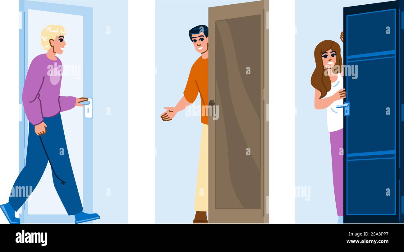 porta di famiglia a casa, vettore aperto. camera appartamento, casa moderna, felice serratura porta famiglia a carattere aperto. persone illustrazione a fumetti piatta. porta di famiglia a casa, vettore aperto Illustrazione Vettoriale